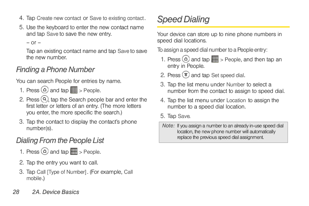 Sprint Nextel PG86100 manual Speed Dialing, Finding a Phone Number, Dialing From the People List, 28 2A. Device Basics 