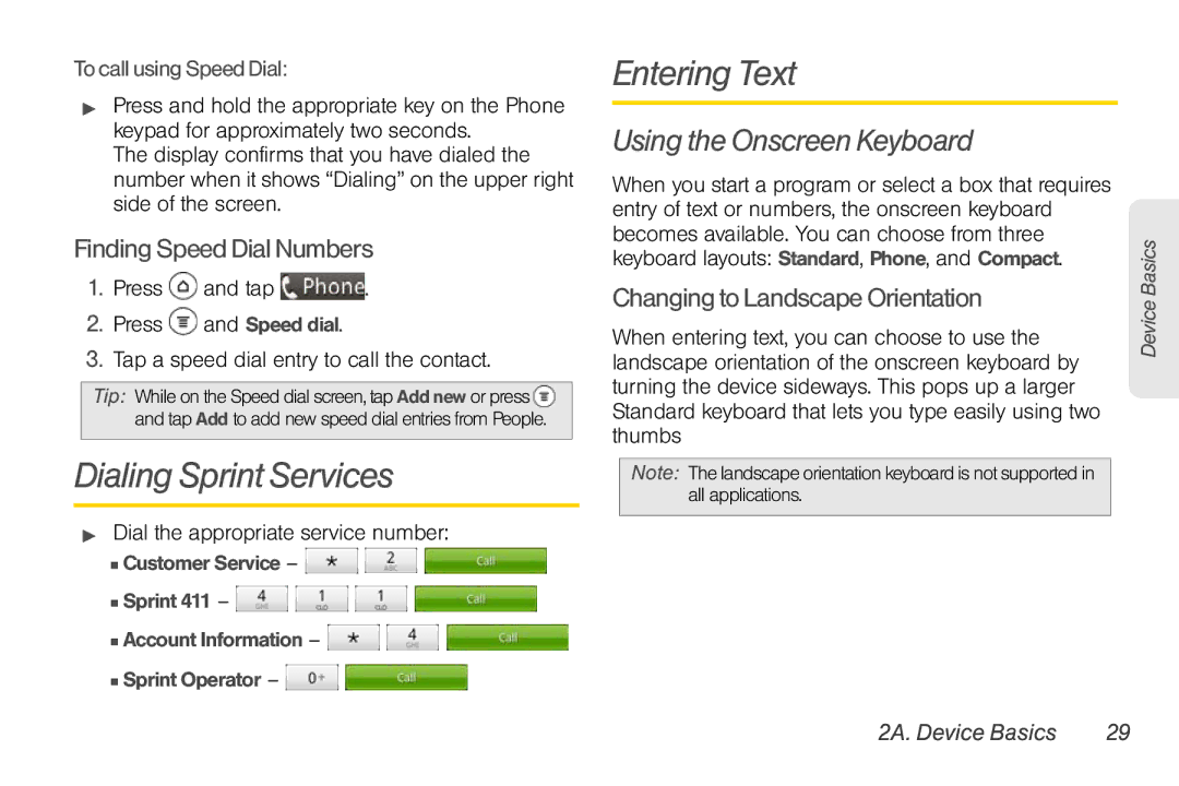 Sprint Nextel PG86100 Dialing Sprint Services, Entering Text, Using the Onscreen Keyboard, Finding Speed Dial Numbers 