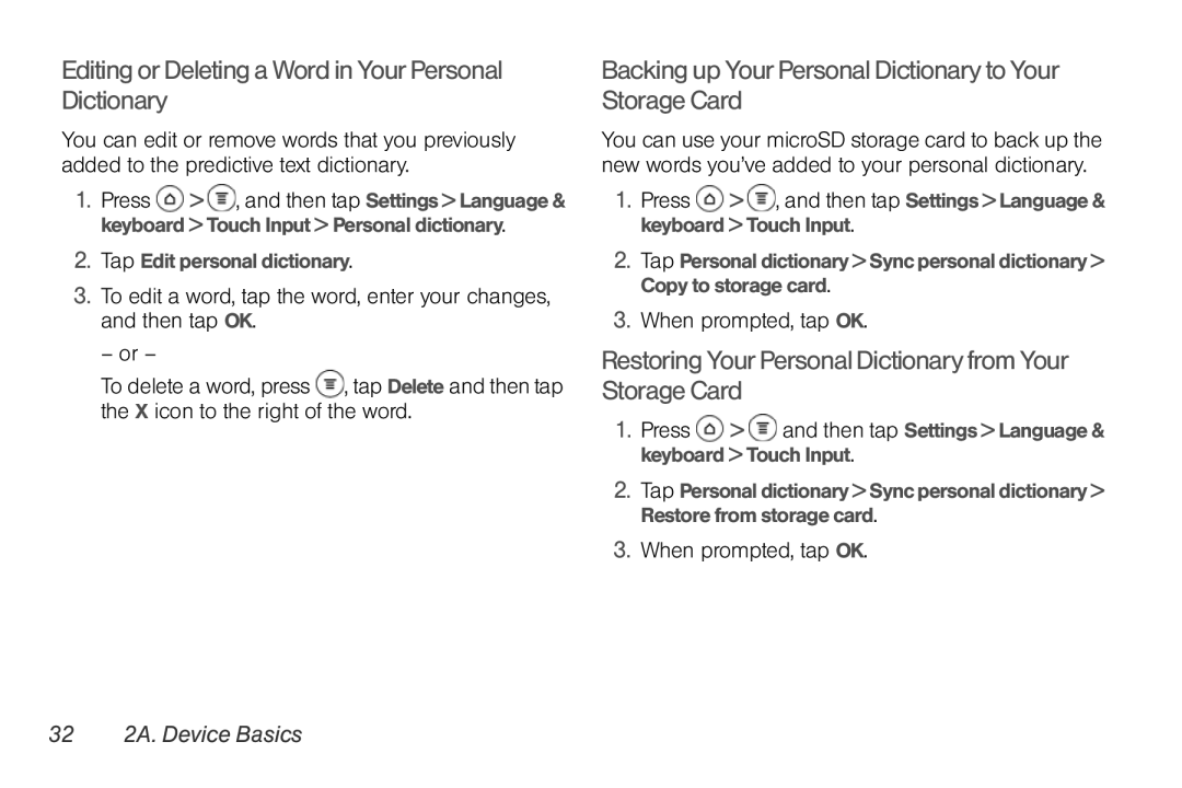 Sprint Nextel PG86100 Editing or Deleting a Word in Your Personal Dictionary, When prompted, tap OK, 32 2A. Device Basics 