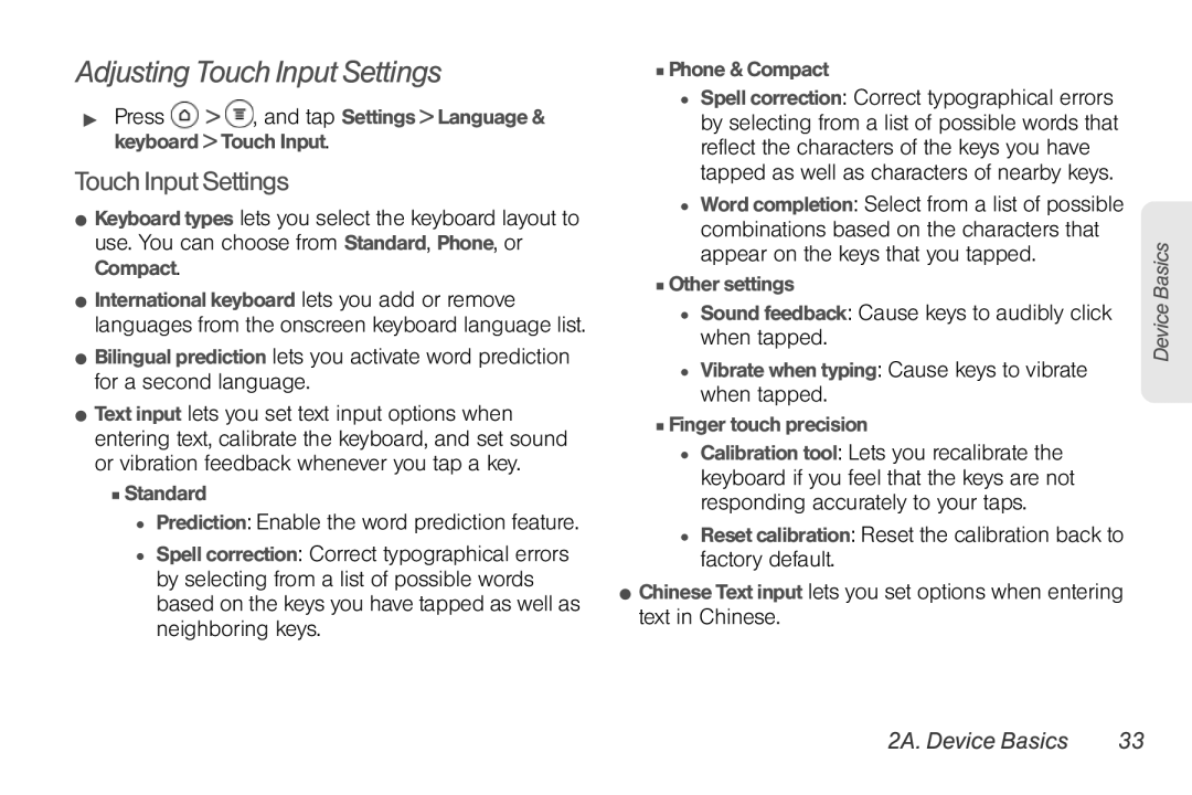 Sprint Nextel PG86100 manual Adjusting Touch Input Settings, Sound feedback Cause keys to audibly click when tapped 