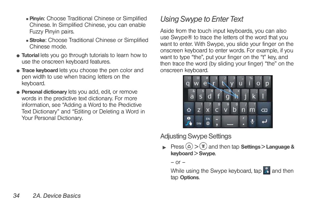 Sprint Nextel PG86100 manual Using Swype to Enter Text, Adjusting Swype Settings, 34 2A. Device Basics 