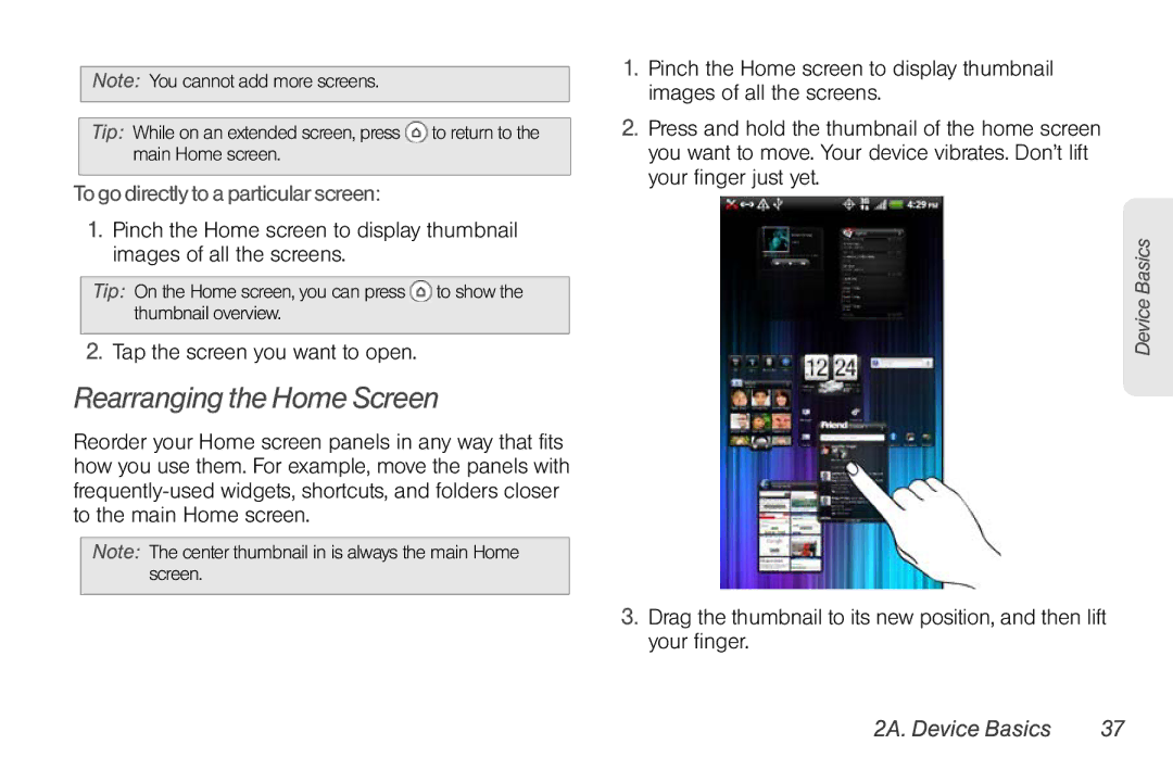 Sprint Nextel PG86100 Rearranging the Home Screen, To go directly to a particular screen, Tap the screen you want to open 