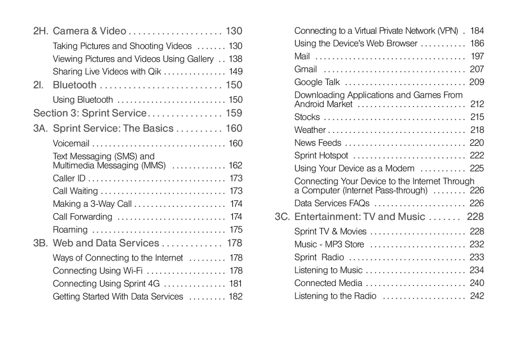 Sprint Nextel PG86100 manual 2H. Camera & Video, 2I. Bluetooth, Sprint Service 3A. Sprint Service The Basics 