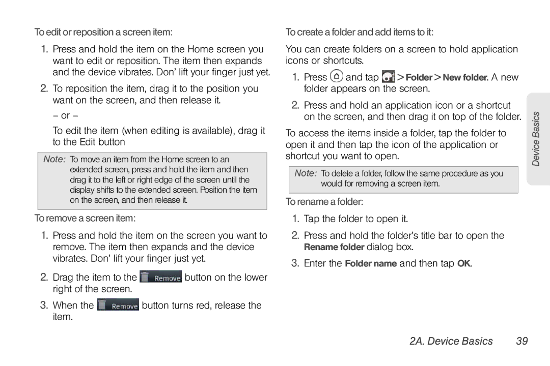 Sprint Nextel PG86100 To edit or reposition a screen item, To remove a screen item, To create a folder and add items to it 