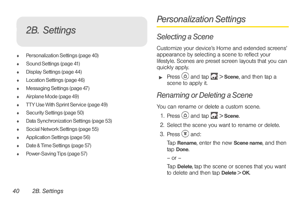 Sprint Nextel PG86100 manual 2B. Settings, Personalization Settings, Selecting a Scene, Renaming or Deleting a Scene 