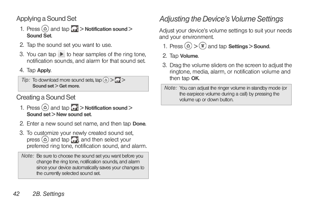 Sprint Nextel PG86100 Adjusting the Device’s Volume Settings, Applying a Sound Set, Creating a Sound Set, 42 2B. Settings 