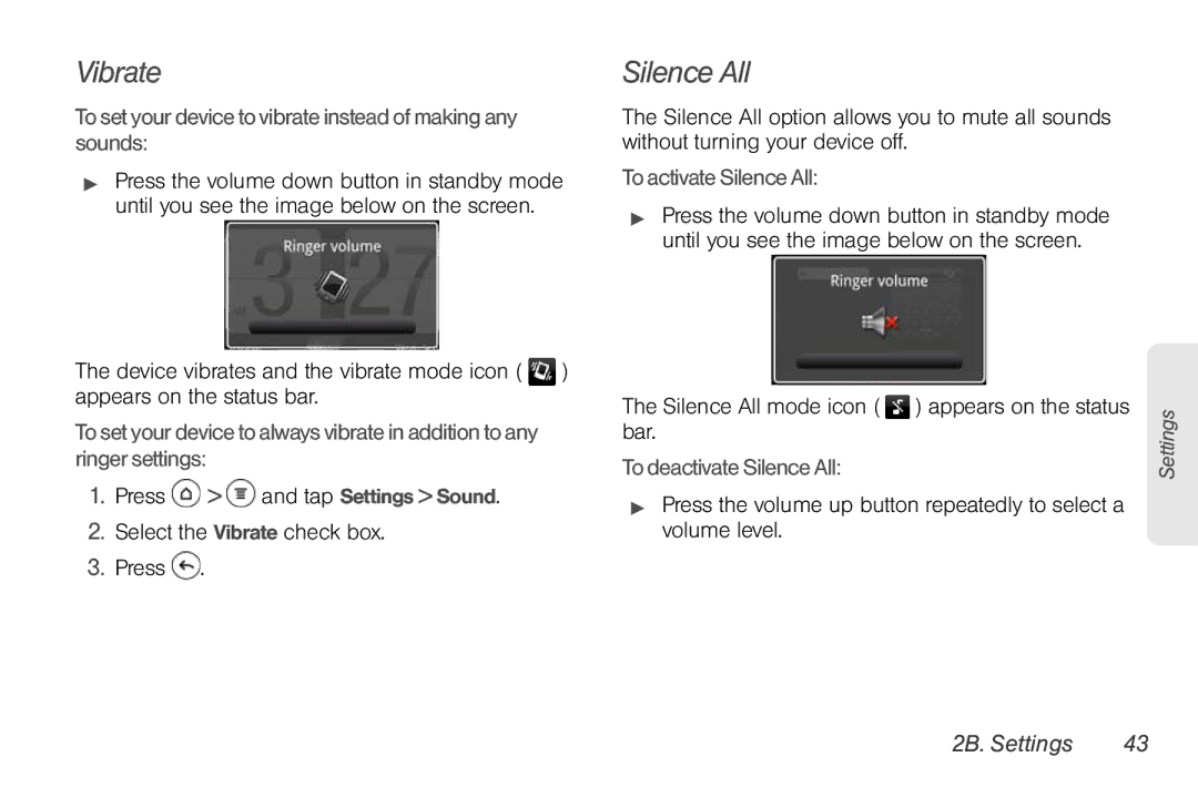 Sprint Nextel PG86100 manual Vibrate, Silence All, To set your device to vibrate instead of making any sounds 