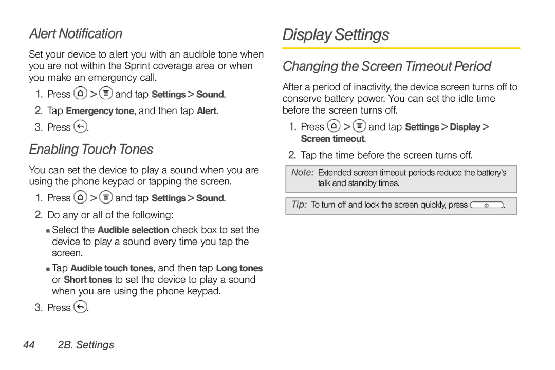 Sprint Nextel PG86100 manual Display Settings, Alert Notification, Enabling Touch Tones, Changing the Screen Timeout Period 