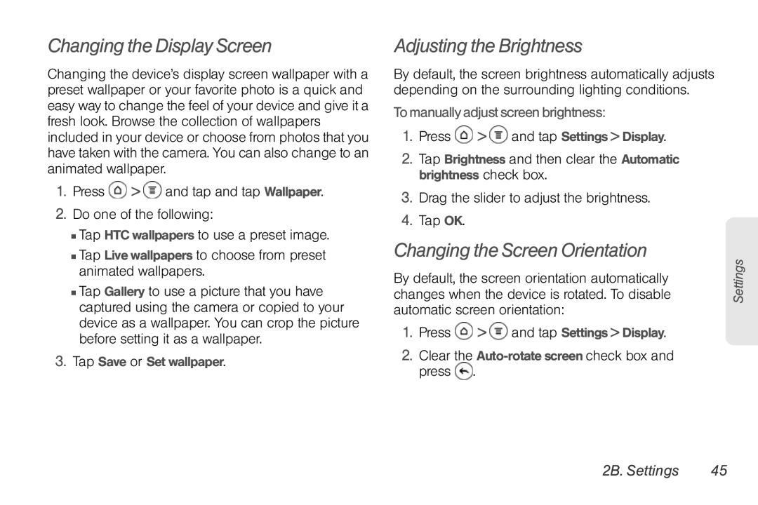 Sprint Nextel PG86100 manual Changing the Display Screen, Adjusting the Brightness, Changing the Screen Orientation 