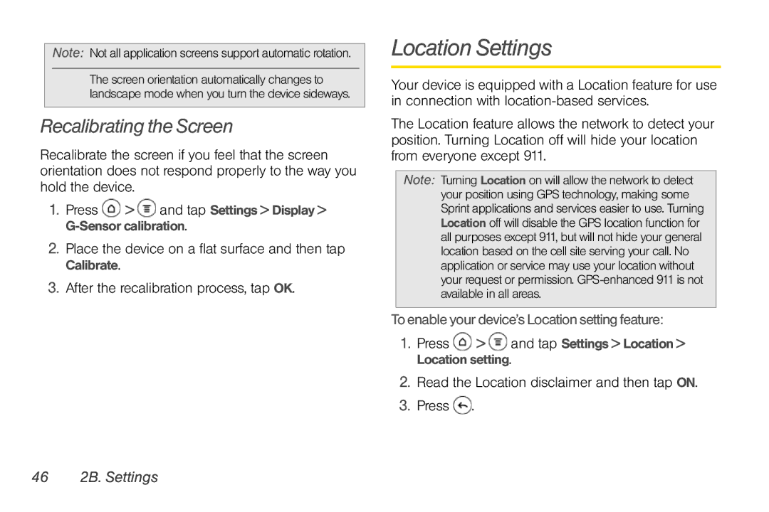 Sprint Nextel PG86100 manual Location Settings, Recalibrating the Screen, To enable your device’s Location setting feature 