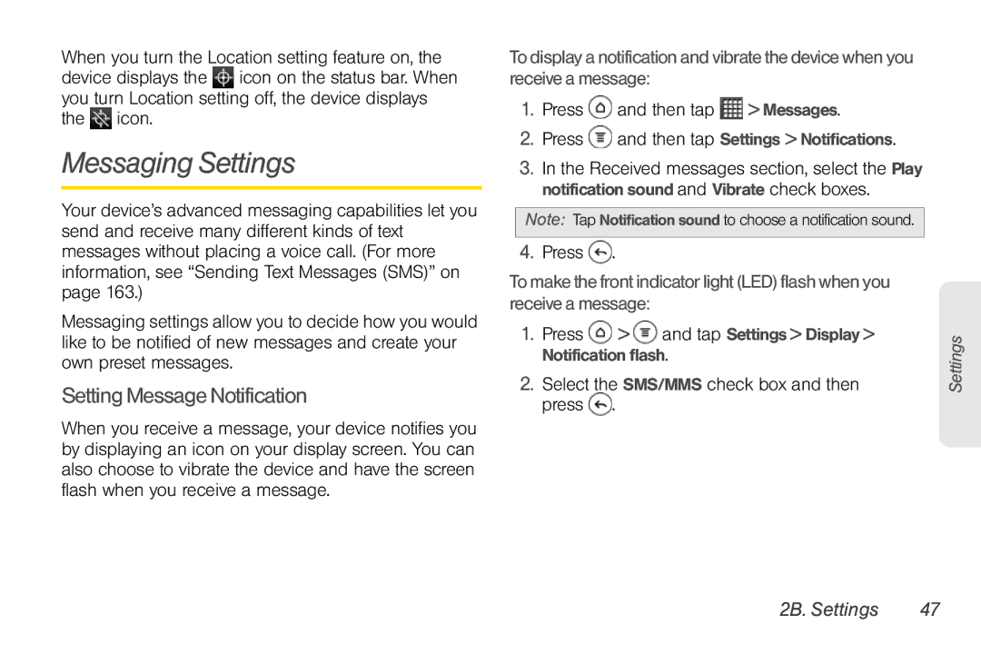 Sprint Nextel PG86100 manual Messaging Settings, Setting Message Notification, Press and then tap Messages 