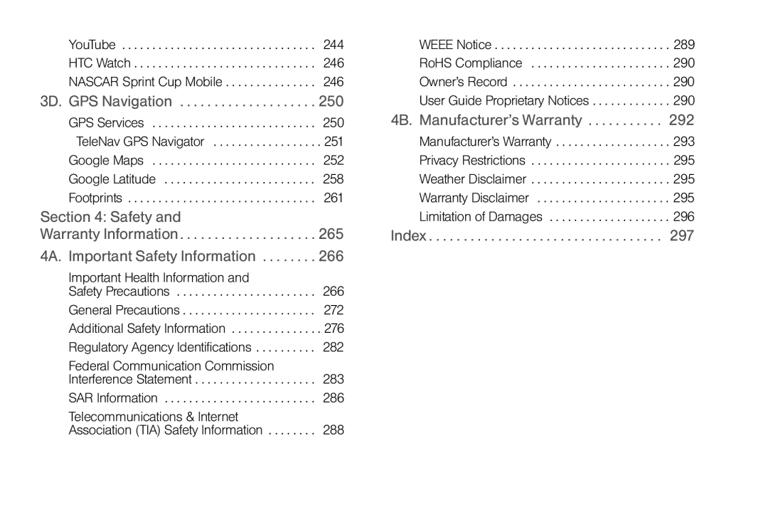 Sprint Nextel PG86100 manual 3D. GPS Navigation, 4B. Manufacturer’s Warranty, Index 