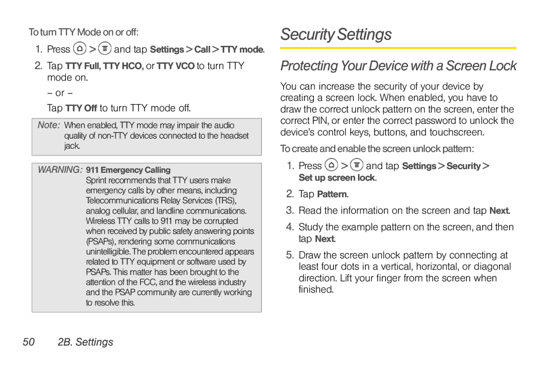 Sprint Nextel PG86100 manual Security Settings, Protecting Your Device with a Screen Lock, To turn TTY Mode on or off 