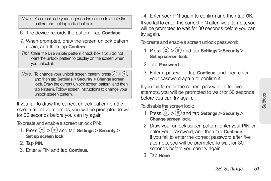 Sprint Nextel PG86100 To create and enable a screen unlock PIN, To create and enable a screen unlock password, Tap None 