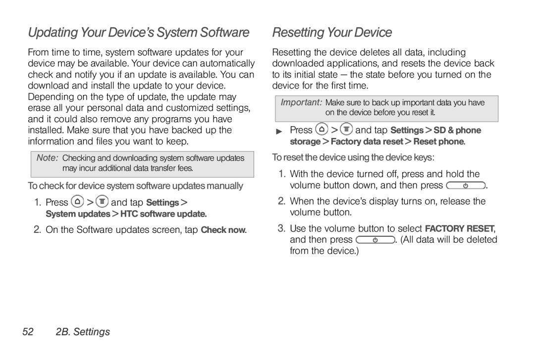 Sprint Nextel PG86100 manual To reset the device using the device keys, 52 2B. Settings 