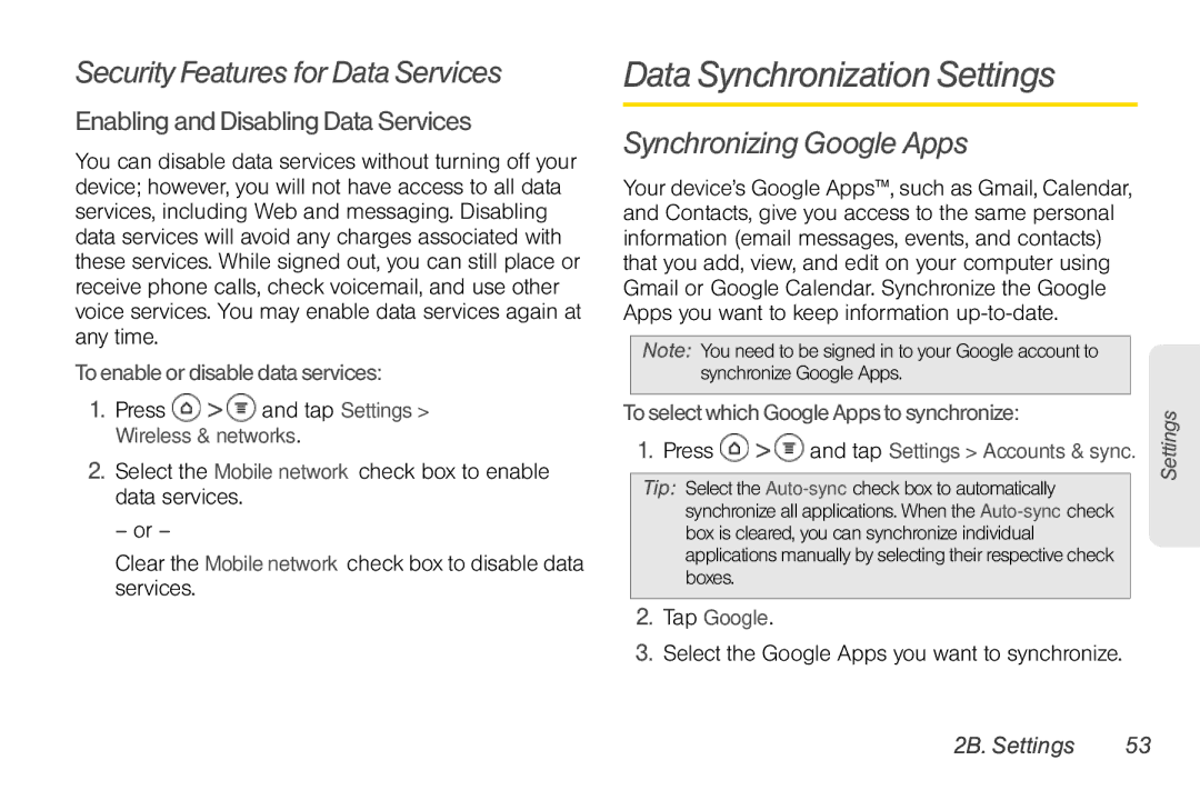 Sprint Nextel PG86100 manual Data Synchronization Settings, Security Features for Data Services, Synchronizing Google Apps 