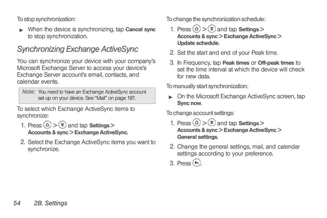 Sprint Nextel PG86100 manual Synchronizing Exchange ActiveSync, 54 2B. Settings 