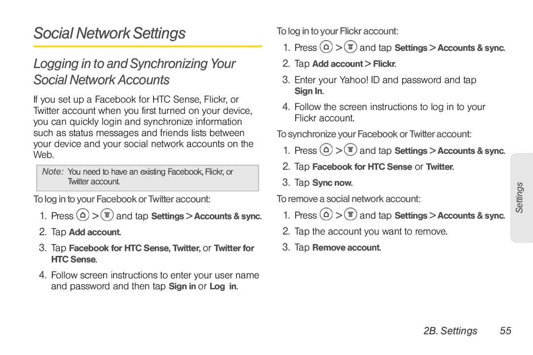 Sprint Nextel PG86100 manual Social Network Settings, To log in to your Facebook or Twitter account 