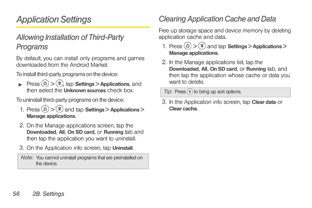 Sprint Nextel PG86100 manual Application Settings, Allowing Installation of Third-Party Programs, 56 2B. Settings 