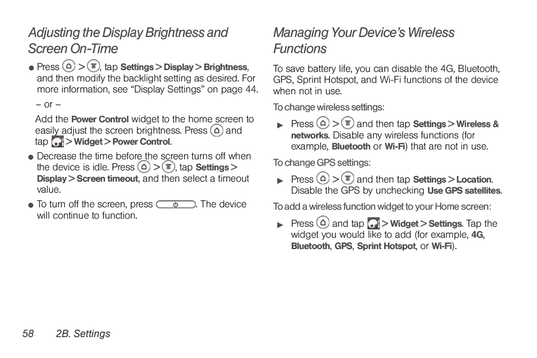 Sprint Nextel PG86100 manual Adjusting the Display Brightness and Screen On-Time, Managing Your Device’s Wireless Functions 