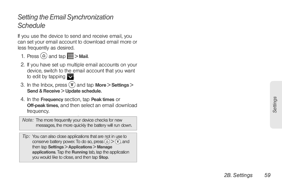 Sprint Nextel PG86100 manual Setting the Email Synchronization Schedule, Frequency 