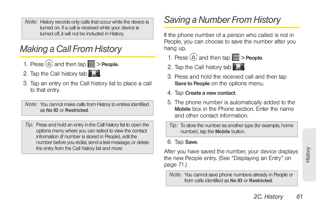 Sprint Nextel PG86100 Making a Call From History, Saving a Number From History, 2C. History, Tap Create a new contact 