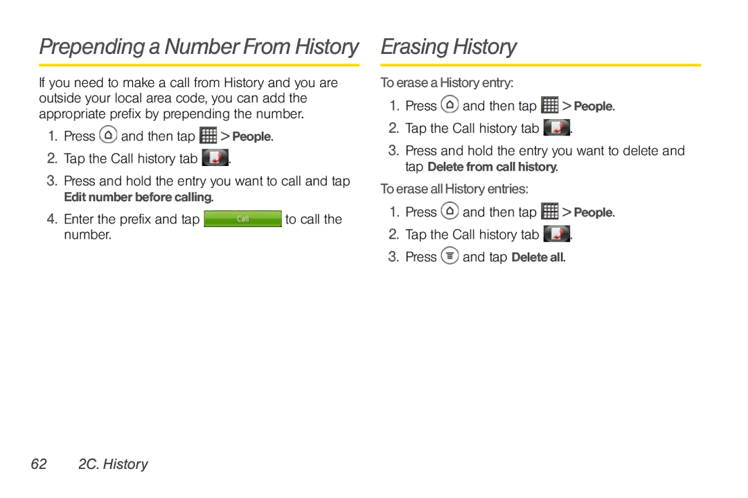 Sprint Nextel PG86100 manual Prepending a Number From History Erasing History, To erase a History entry, 62 2C. History 