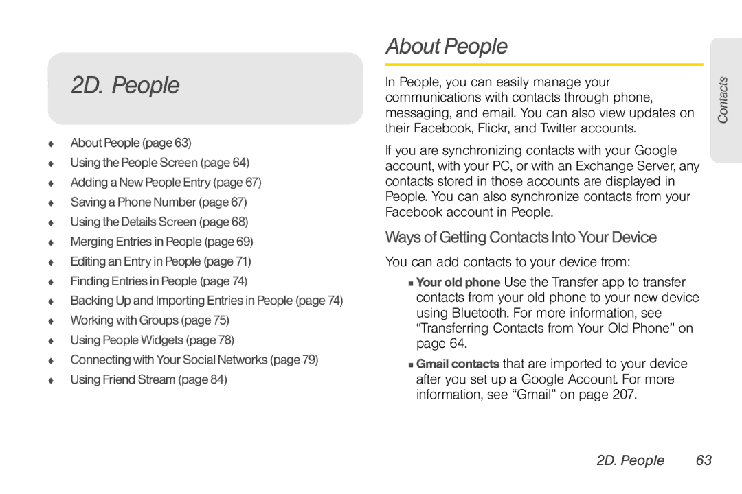 Sprint Nextel PG86100 manual 2D. People, About People, Ways of Getting Contacts Into Your Device 