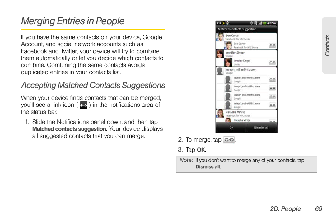 Sprint Nextel PG86100 manual Merging Entries in People, Accepting Matched Contacts Suggestions 