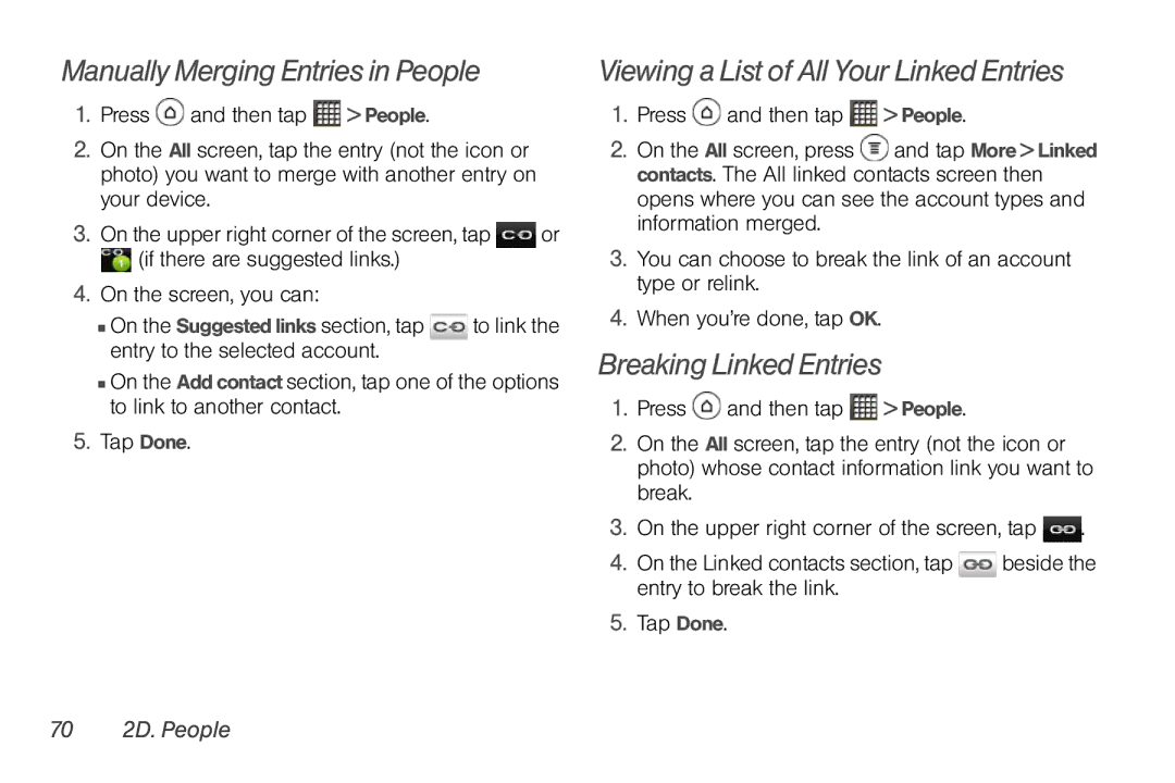 Sprint Nextel PG86100 manual Manually Merging Entries in People, Viewing a List of All Your Linked Entries, 70 2D. People 