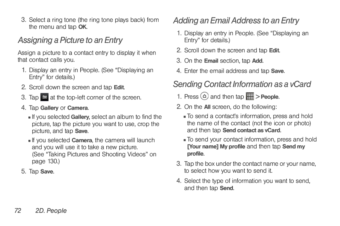 Sprint Nextel PG86100 manual Assigning a Picture to an Entry, Adding an Email Address to an Entry, 72 2D. People 