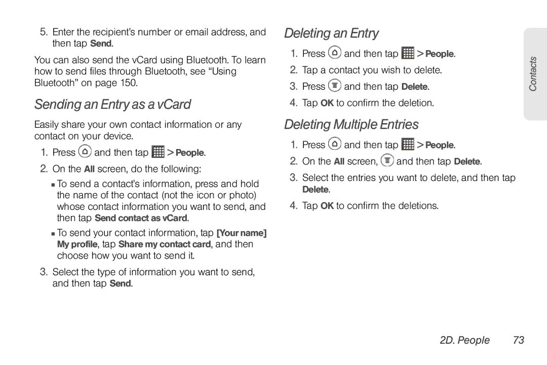 Sprint Nextel PG86100 manual Sending an Entry as a vCard, Deleting an Entry, Deleting Multiple Entries 