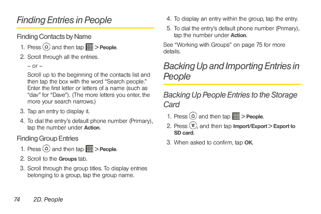 Sprint Nextel PG86100 manual Finding Entries in People, BackingUpandImportingEntriesin People, Finding Contacts by Name 