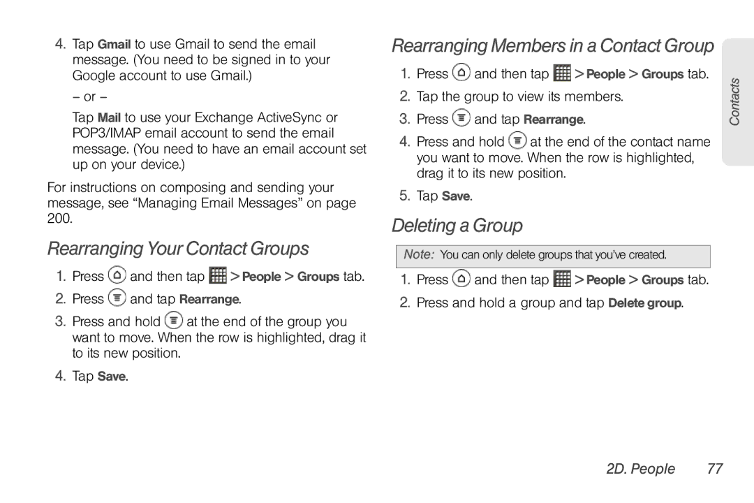 Sprint Nextel PG86100 manual Rearranging Your Contact Groups, Deleting a Group 