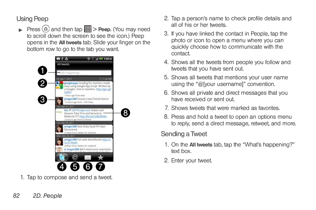 Sprint Nextel PG86100 manual Using Peep, Sending a Tweet, 82 2D. People 