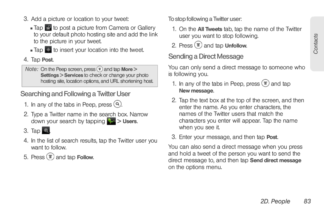 Sprint Nextel PG86100 Searching and Following a Twitter User, Sending a Direct Message, Any of the tabs in Peep, press 