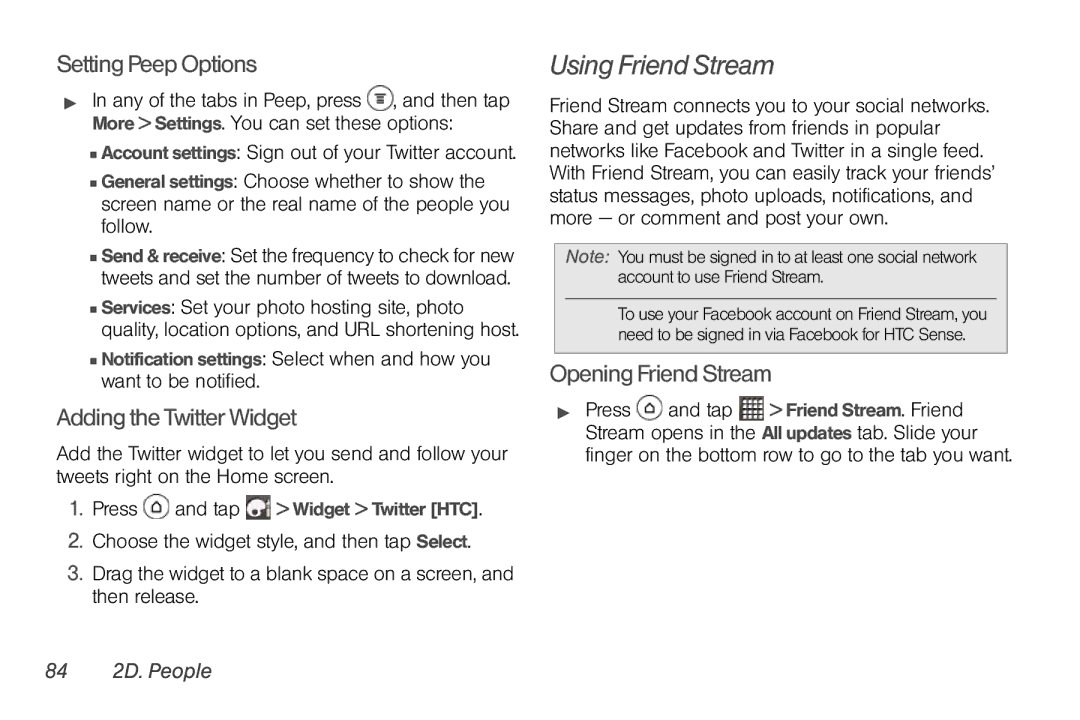 Sprint Nextel PG86100 manual Using Friend Stream, Setting Peep Options, Opening Friend Stream Adding the Twitter Widget 