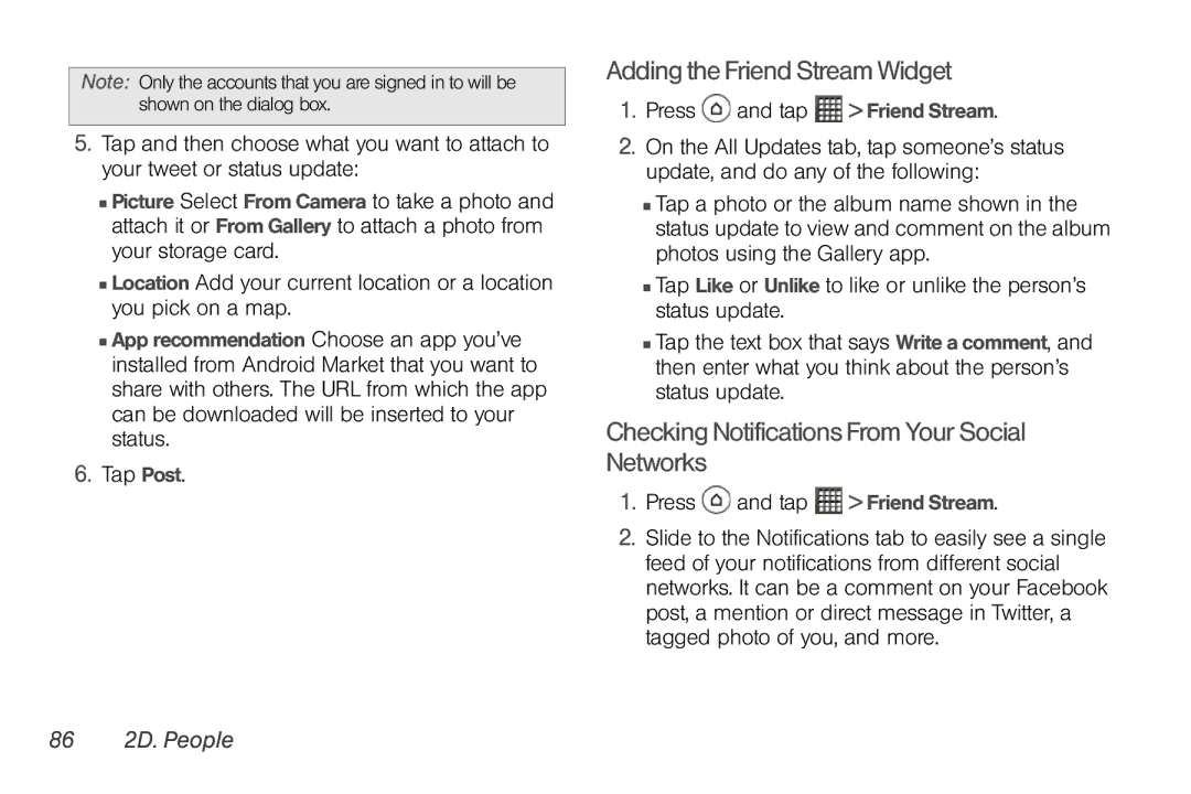 Sprint Nextel PG86100 Adding the Friend Stream Widget, Checking Notifications From Your Social Networks, 86 2D. People 