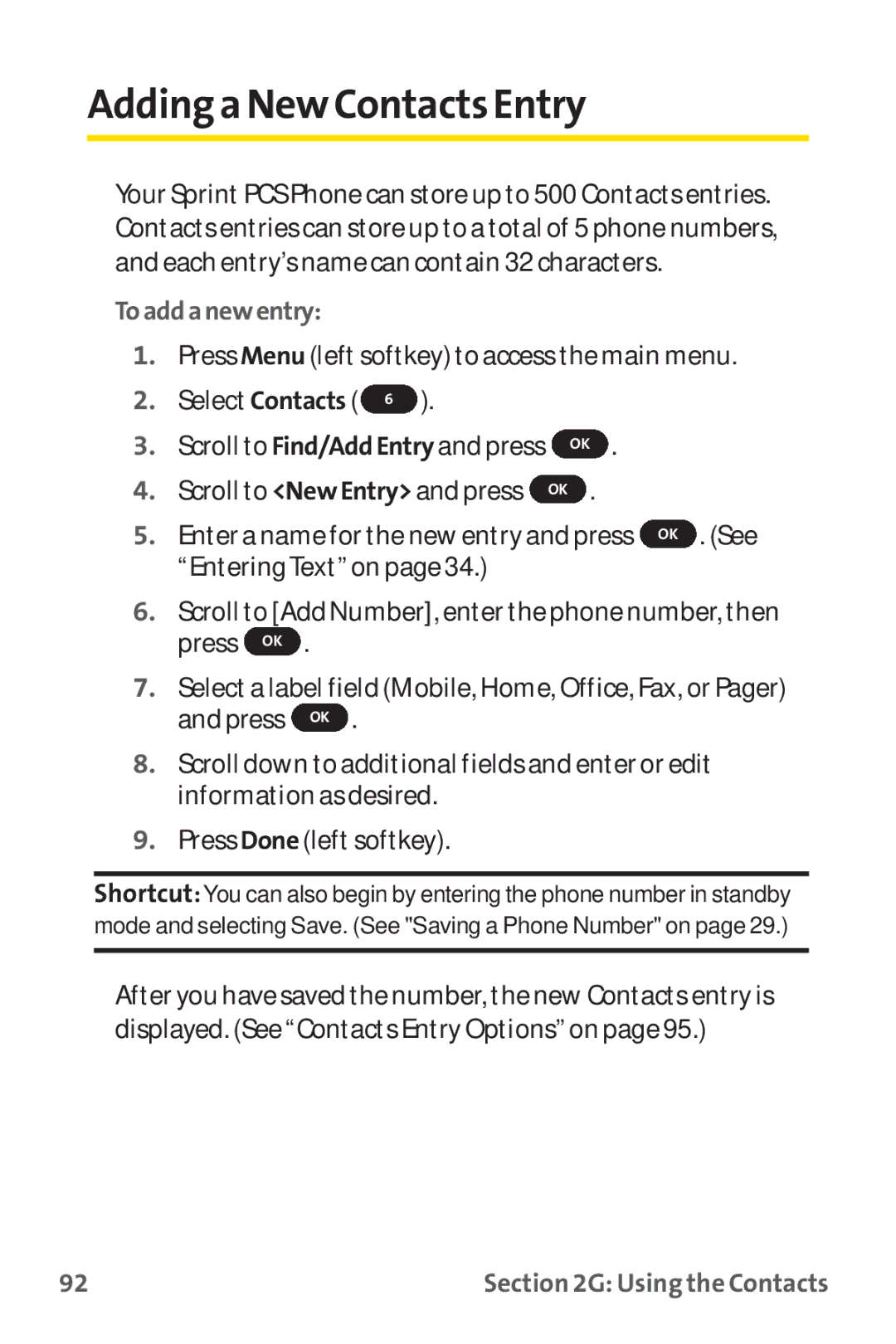 Sprint Nextel PM-225 manual Addinga New Contacts Entry, Toaddanewentry 