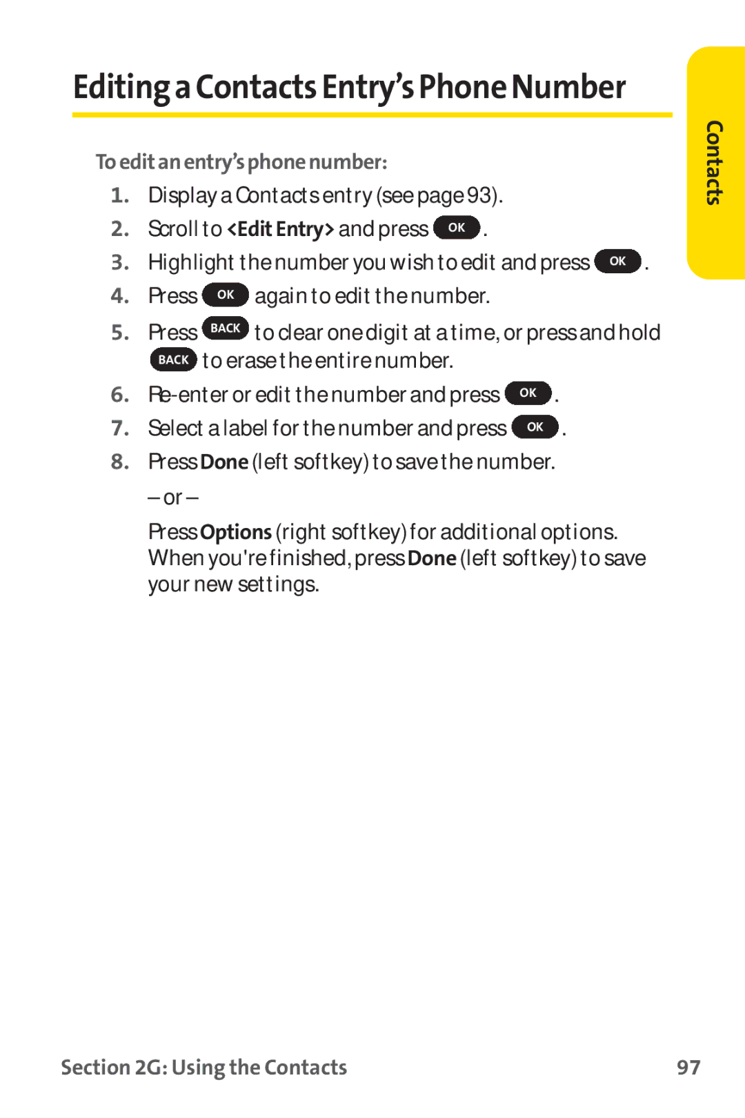 Sprint Nextel PM-225 manual Editing a ContactsEntry’s Phone Number, Toeditanentry’sphonenumber 