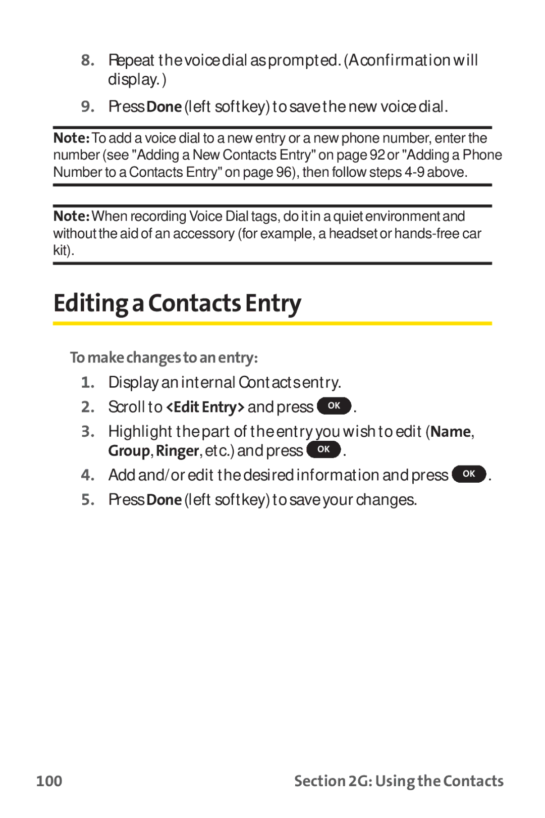 Sprint Nextel PM-225 manual Editinga Contacts Entry, Tomakechangestoanentry, 100 