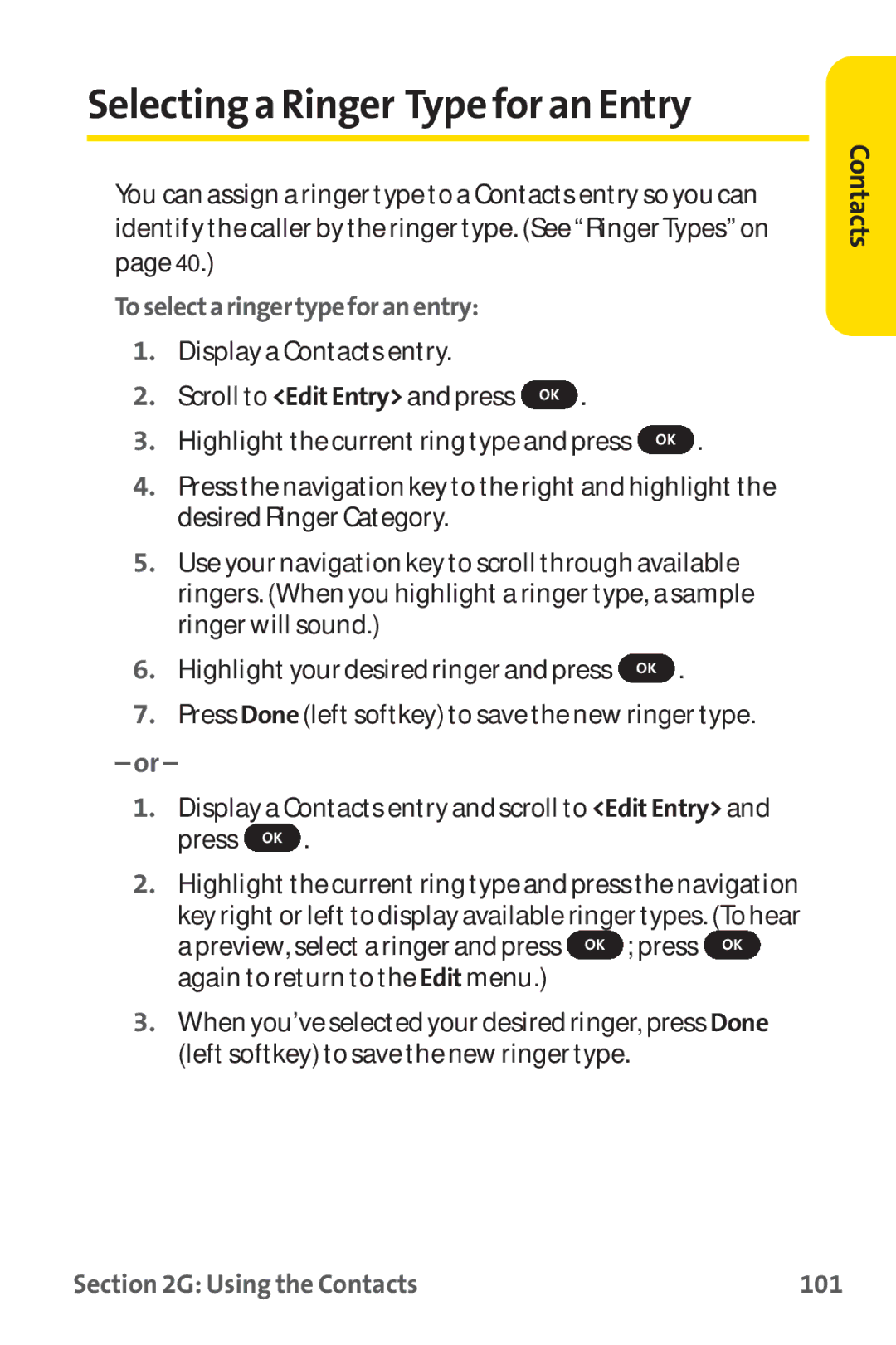 Sprint Nextel PM-225 manual Selecting a Ringer Type for an Entry, Toselectaringertypeforanentry, Using the Contacts 101 