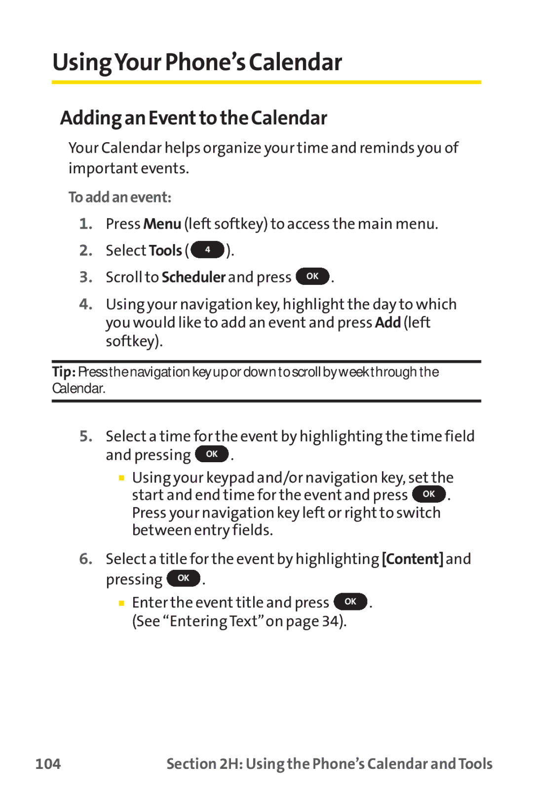 Sprint Nextel PM-225 manual UsingYour Phone’s Calendar, Adding an Eventto the Calendar, Toaddanevent, 104 