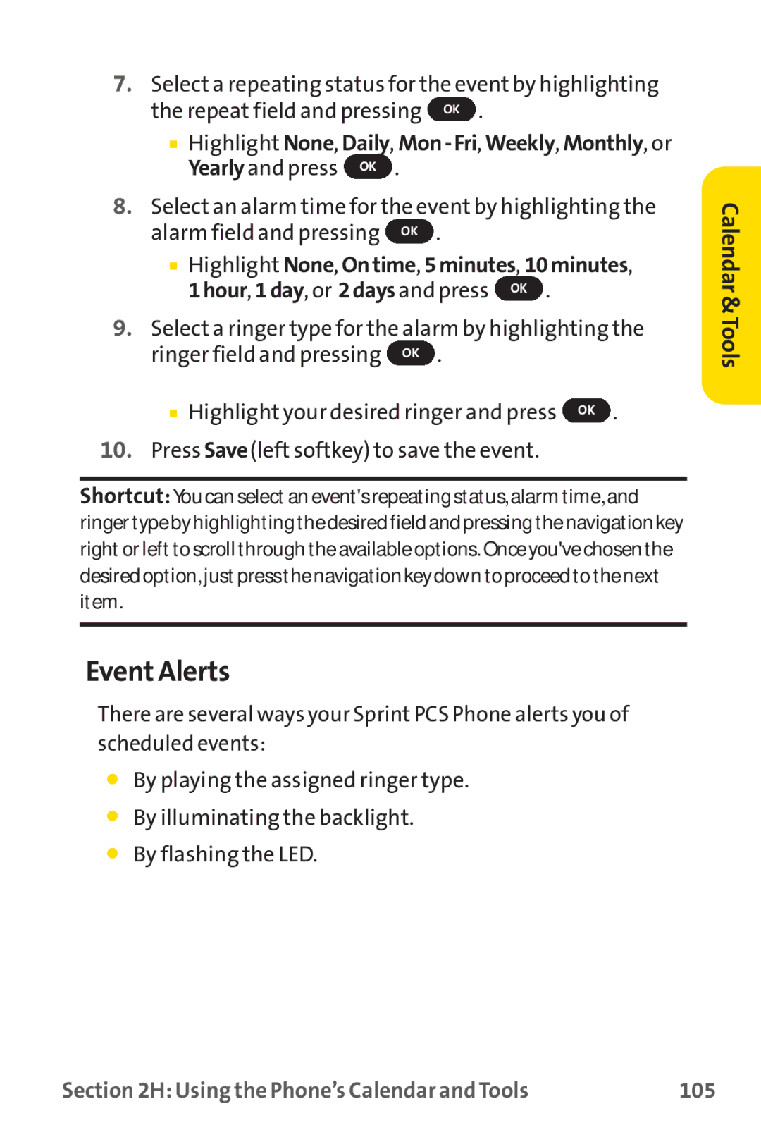 Sprint Nextel PM-225 manual Event Alerts, Highlight None, Daily, Mon-Fri,Weekly, Monthly, or 