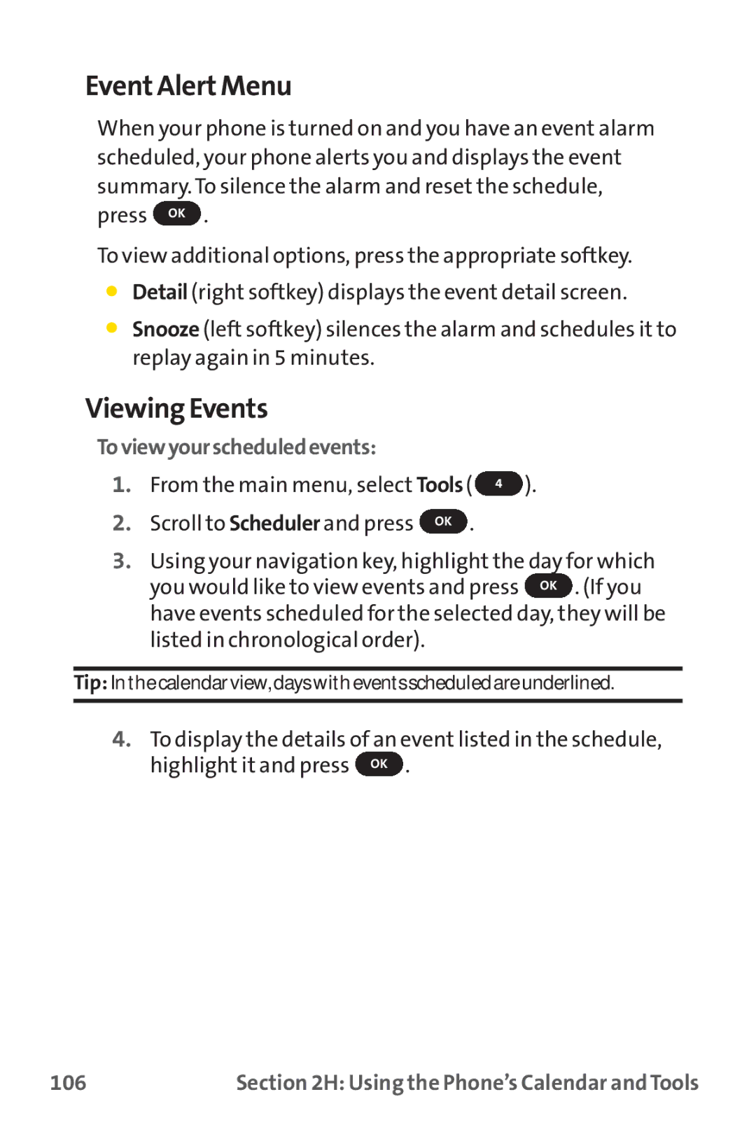 Sprint Nextel PM-225 manual Event Alert Menu, Viewing Events, Toviewyourscheduledevents, 106 