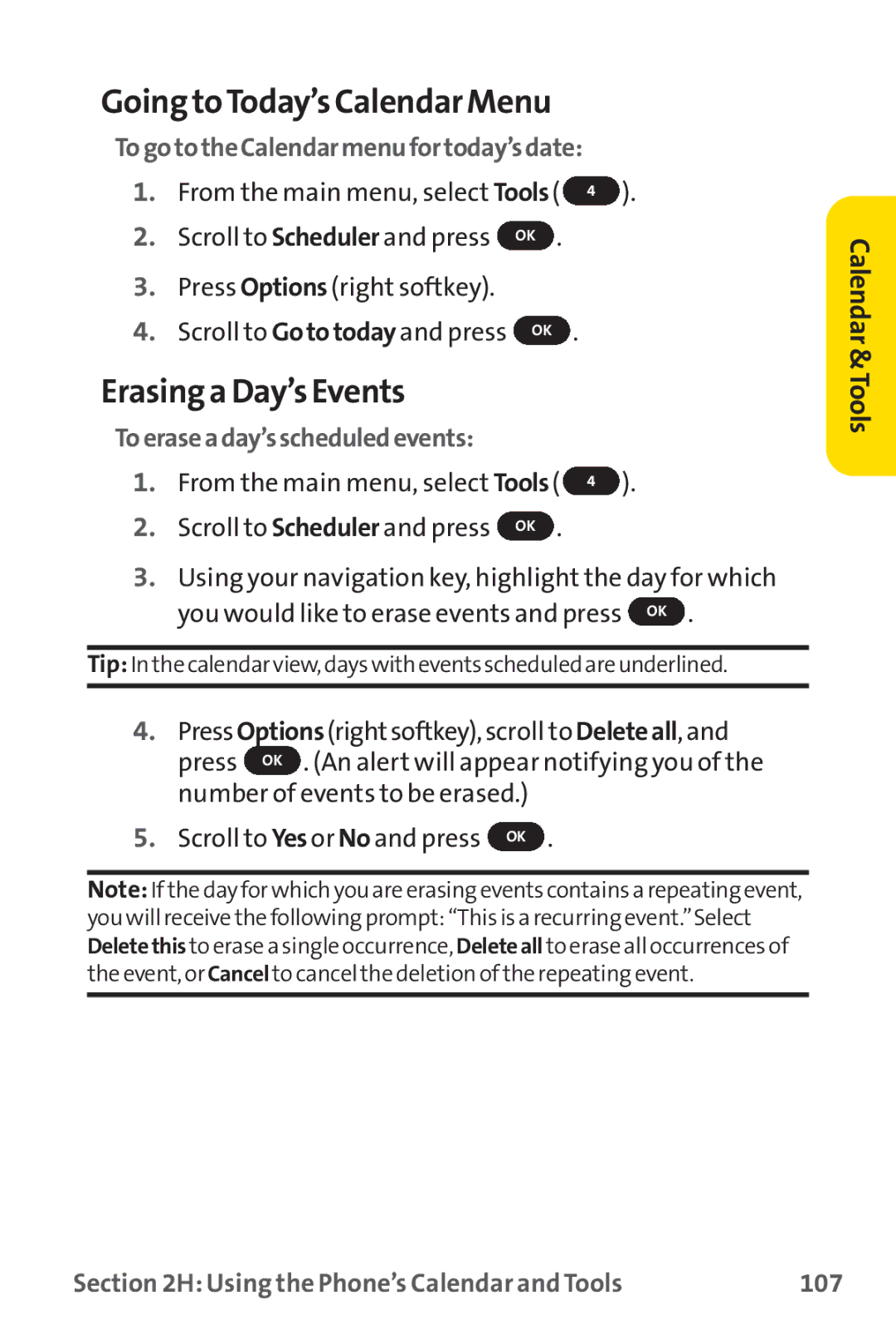 Sprint Nextel PM-225 manual Going toToday’s Calendar Menu, Erasing a Day’s Events, TogototheCalendarmenufortoday’sdate 