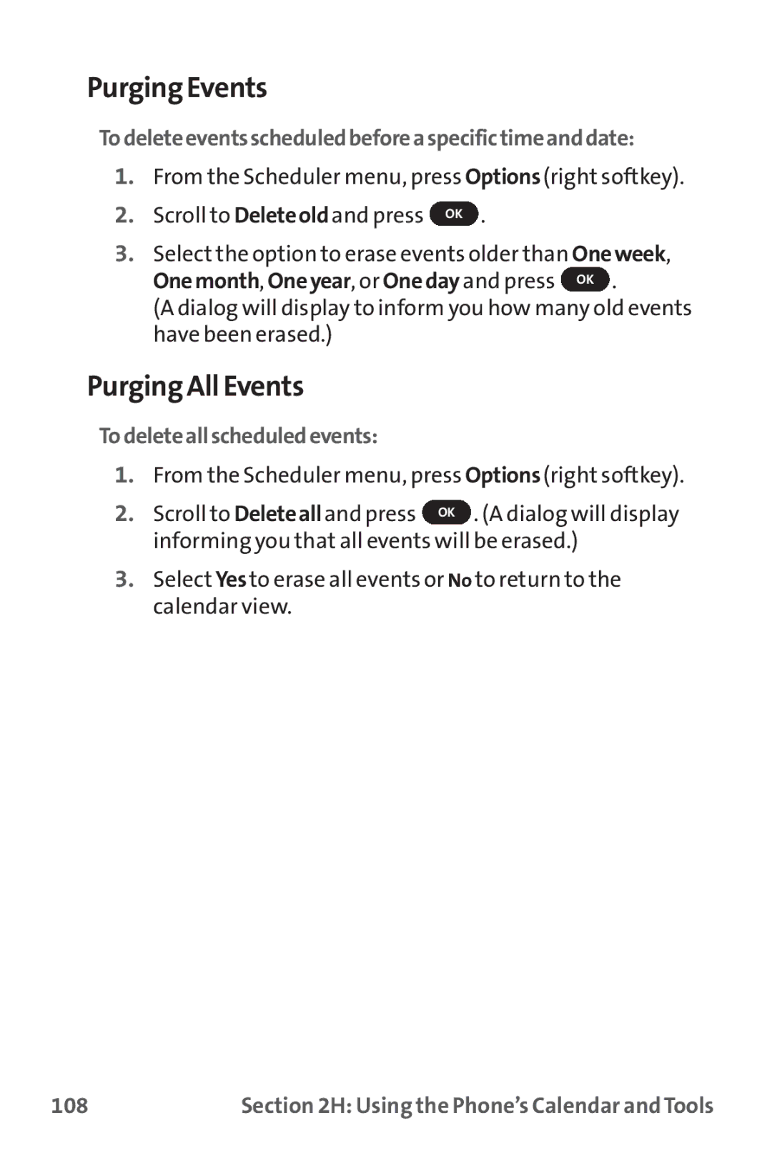 Sprint Nextel PM-225 manual Purging Events, Purging All Events, Todeleteeventsscheduledbeforeaspecifictimeanddate, 108 