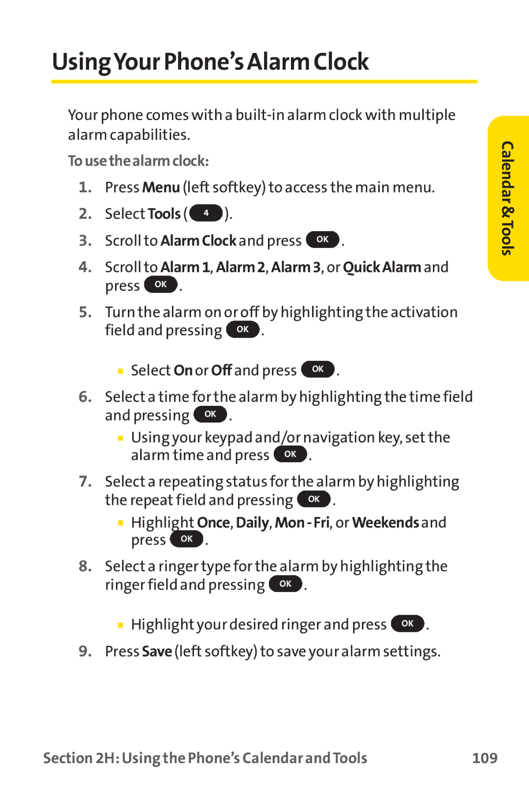 Sprint Nextel PM-225 manual UsingYour Phone’s Alarm Clock, Tousethealarmclock, Using the Phone’s Calendar and Tools 109 