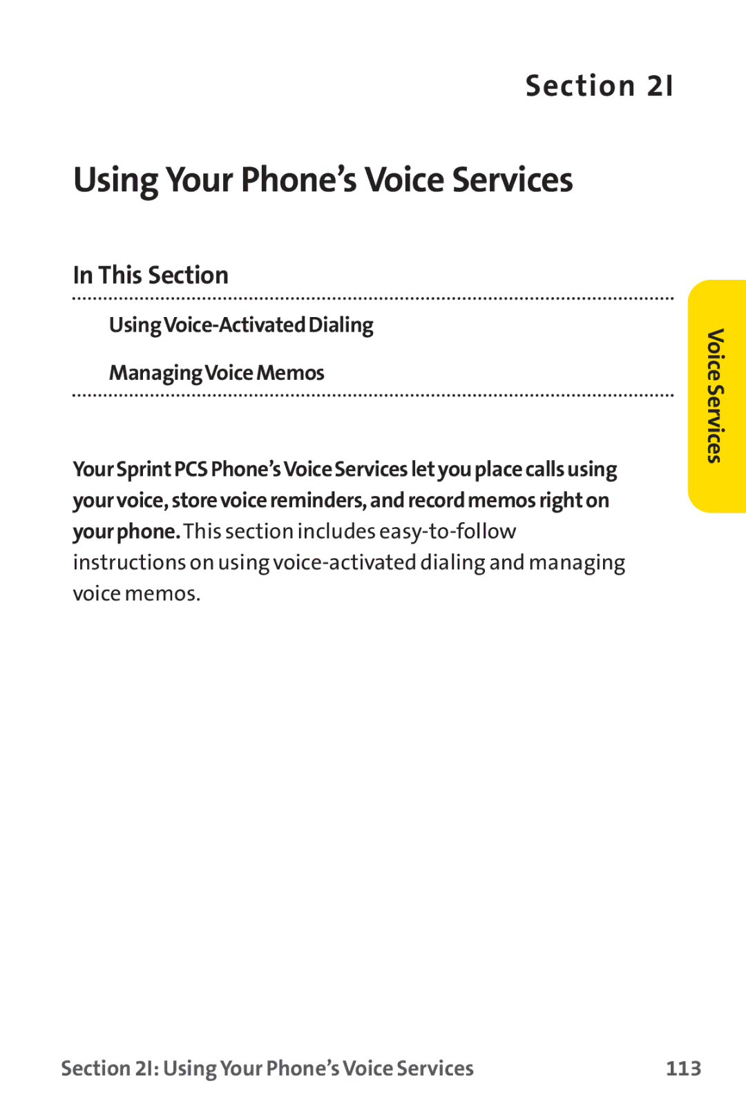 Sprint Nextel PM-225 manual UsingVoice-ActivatedDialing ManagingVoiceMemos, Using Your Phone’s Voice Services 113 