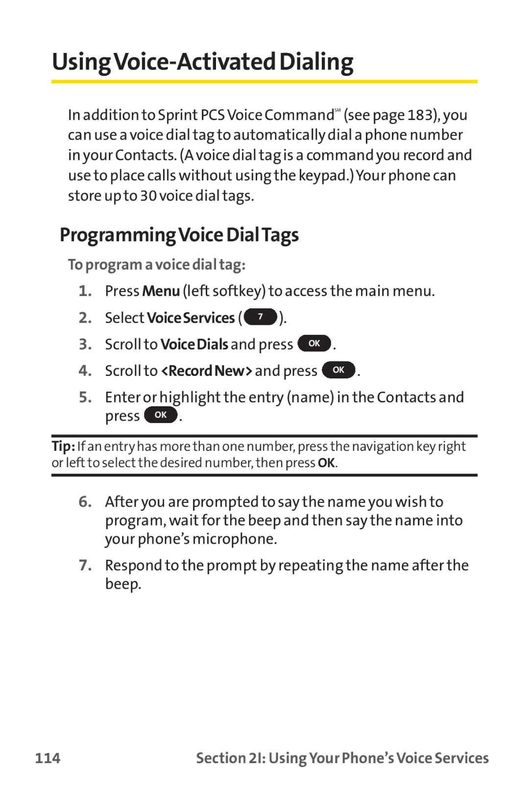 Sprint Nextel PM-225 manual UsingVoice-Activated Dialing, ProgrammingVoice DialTags, To program a voice dial tag, 114 